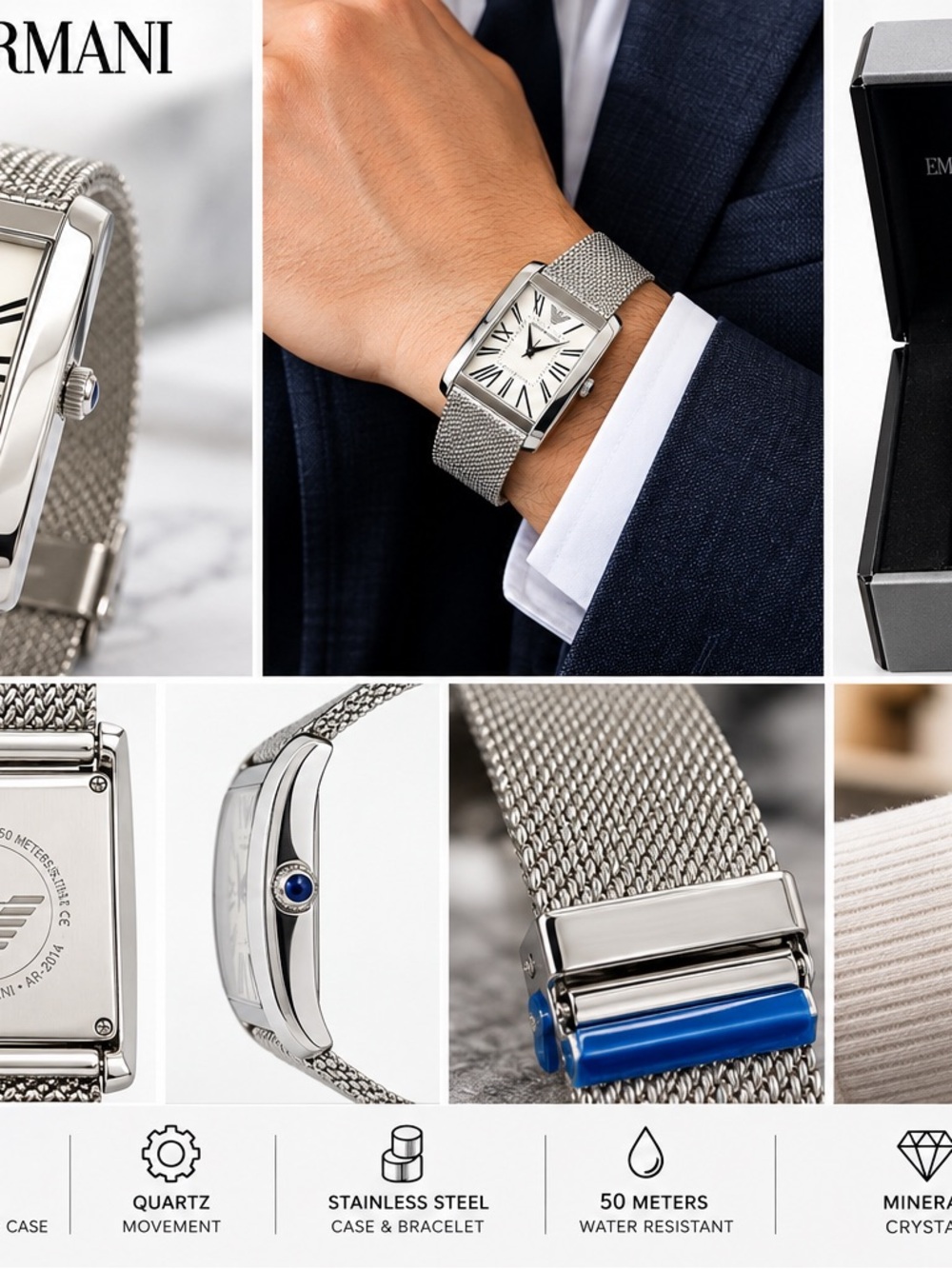 Emporio Armani Stainless Steel Silver Mesh Bracelet Watch with White Dial